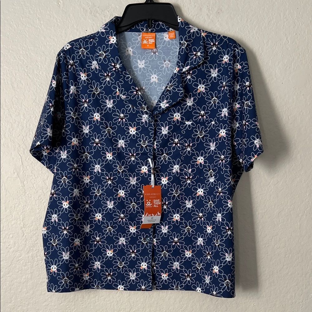 NWT Construct (Save them all) Floral Navy Blue Men's Shirt with Cat Faces in M